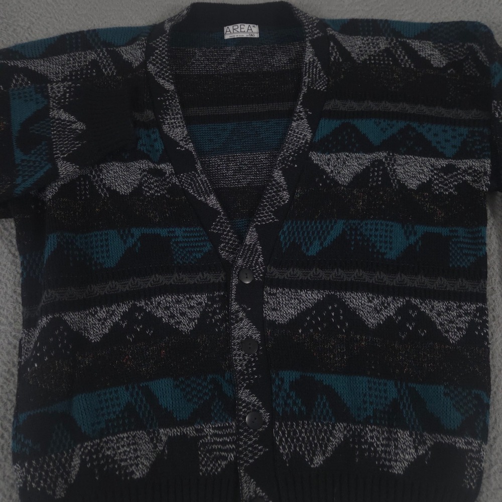 VINTAGE Area Sweater Men XL Black Teal Geometric Knit Button Up Cardigan USA 90s